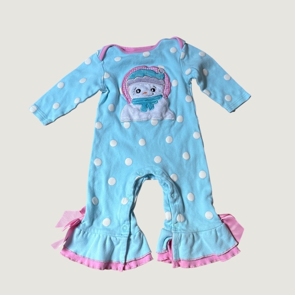 Three Sisters Romper Girls Blue Polka Dot Snowman Ruffle SIZE 9M